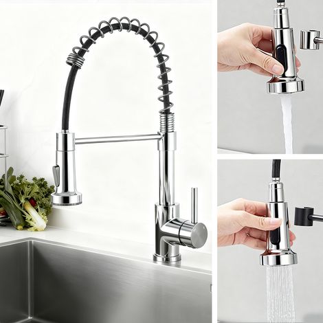 Spiralfeder Küchenarmatur Ausziehbar Edelstahl 360°Drehbar Einhebelmischer 2 Strahlmodi Hochdruck Warm Kaltwasser Silber Chrom (1/5)