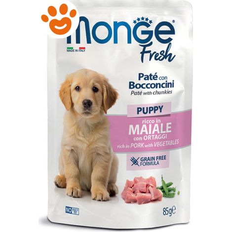 Monge Fresh Dog Puppy Paté con Bocconcini Ricco in Maiale con Ortaggi - Bustina 85 Gr - Cibo Umido Cani
