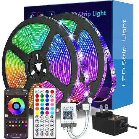 LED Bluetooth, Lumière LED 2x5M(10M) Bande Lumineuse LED RVB, Contrôlée par Application Smartphone Android et IOS, avec Récepteur Bluetooth, Alimentation 12V, Télécommande IR pour Halloween Décoration (1/5)
