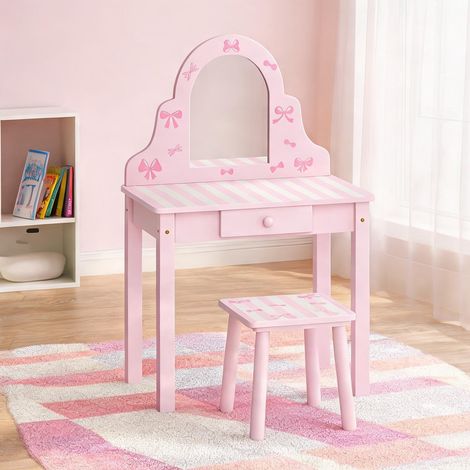 Ensemble coiffure 2-en-1 avec miroir incassable et tabouret rose (1/5)
