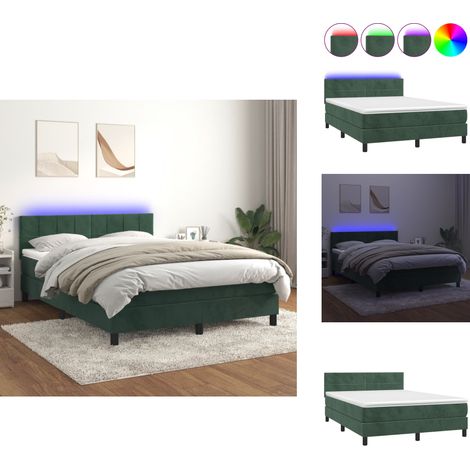 Sommier à lattes de lit avec matelas LED Vert foncé 140x190 cm - Lit Plateforme - Lit Design - Lit Capitonné - Lit Velours - Lit Avec Rangement (1/5)