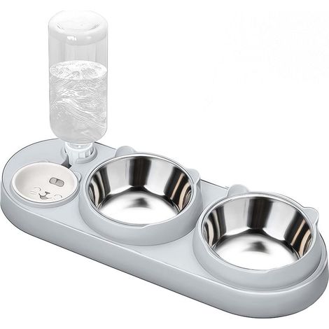 3-in-1 Katzenfutterautomat, Futter- und Wassernapf für Katzen mit Wasserspender und Edelstahlnäpfen, 15° geneigt, drei erhöhte Näpfe für Wohnungskatzen und Hunde (1/5)