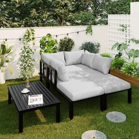 Ensemble de salle à manger de jardin et chaises longues 6 places - Structure fer galvanisé, pieds réglables, dossier amovible, canapé modulable plateau table fer galvanisé gris (1/5)