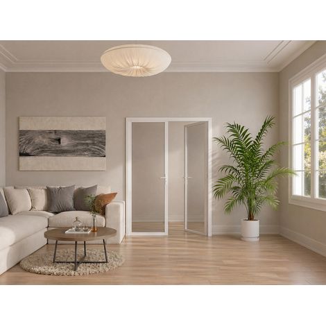 Blocco porta reversibile a due battenti in Alluminio e Vetro temperato Fumé - 2 x H204 x L73 cm - Bianco - LOXTON (1/2)
