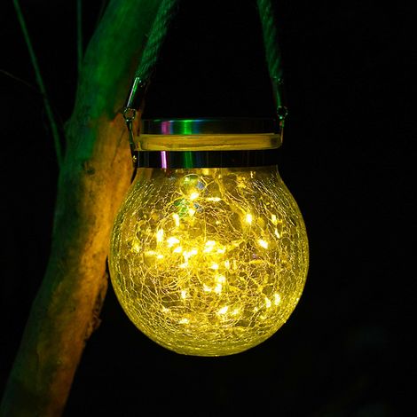 Lanterne solaire en verre craquelé, 30 LED, étanche, lampe solaire suspendue d'extérieur en forme de bocal pour patio, cour, festival couvert (blanc chaud) (1/5)