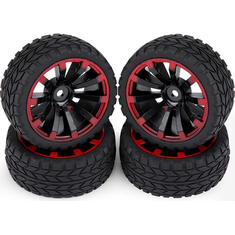 Jeu de 4 pneus en caoutchouc pour voiture RC 1:10, idéal pour la course et le tout-terrain, avec jantes et motif gravé. (1/5)