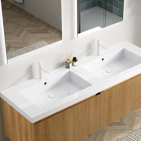 140cm GREA Doppelwaschbecken, Ohne Unterschrank, Ohne Wasserhahn und Abflussarmaturen, Weiß (1/4)