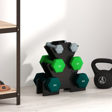 6er-Hantelset 34x10x34 cm aus Metall, mehrfarbig, mit Rack, fürs Home Gym – MEUBLIV (1/5)