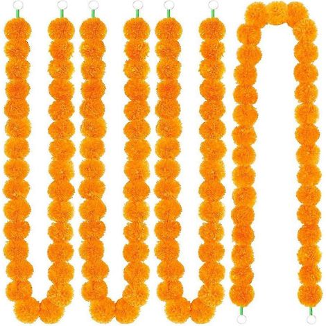 Guirlande de 5 œillets d'Inde décoratifs, 1,5 m d'œillets d'Inde artificiels, décorations de Diwali pour la maison, fleurs orange. (1/5)