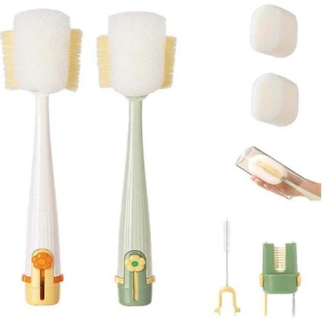 Set di due spazzole per bottiglie (5 in 1), comprensivo di 2 spazzole con manico lungo e 2 testine di ricambio, detergente multifunzionale. Adatto per coperchi di bicchieri e cannucce. Ideale per bott (1/4)