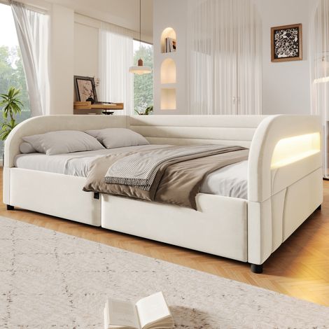 Lit plateforme rembourré 140x200 cm avec coffre de rangement hydraulique et éclairage led, lit coffre lit double moderne, blanc (1/5)