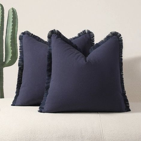 Juego de 2 fundas de cojín decorativas de lino con flecos. Funda de cojín acogedora e，sala de estar y decoración del hogar (5050cm)，5050cm，Azul