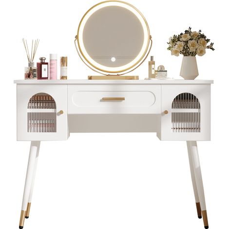Coiffeuse LED avec miroir, blanc et or, 100x42x112 cm (1/5)