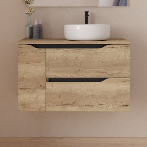 Meuble de salle de bain 80cm avec plateau et vasque à poser déportée à droite Ares - sans miroir - 2 tiroirs et un placard - madera miel (bois clair) - ZARZA