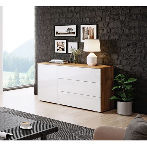 Bratex – Commode enfant 110 cm – Panneau laminé 15 mm – Finition wotan/blanc brillant – Glissières télescopiques pour usage pratique (1/3)