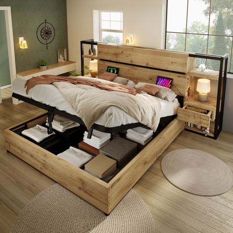 Cama doble industrial 160x200 cm con cabecero de almacenaje, 2 cajones, USB y Type-C, MDF y metal, color roble (1/5)