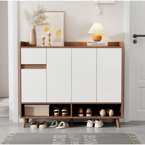 Sideboard 120x35x99 cm Weiß und Natur Spanplatte mit verstellbarem Regal, Schublade und Kippschutz (1/5)