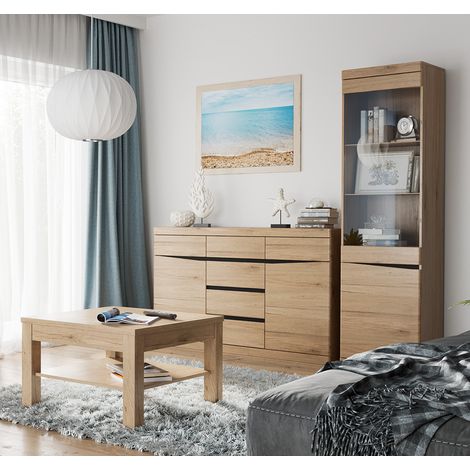 Wohnzimmer Set Sideboard, Vitrine mit Beleuchtung, Couchtisch SANFORD-129 in Eiche hell Nb. (1/5)