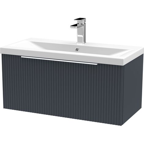 Fluted Front Wall Hung Single Soft Close Drawer Bathroom Vanity Unit with 1 Tap Hole Ceramic Mid-Edge Basin 800mm, Dark Grey (1/5)