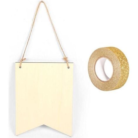 Fanion bois à suspendre 20 x 15 cm 2 pointes + masking tape doré à paillettes 5 m