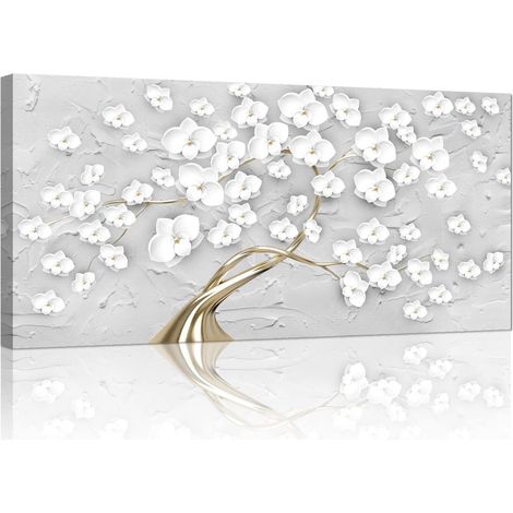 3d Blanc Floraison Fleur Arbres Cadre en Bois Impression sur Toile, Grande Moderne Gris Nordic Minimalistes Art Mural Tableau Decoration Murale Salon Chambre Prêt à Suspendre 100x50cm (1/5)
