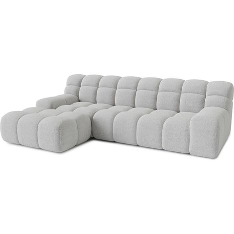 Mobilier Deco – Canapé d'angle tissu bouclette gris clair – Angle gauche – Dossier matelassé – Assise profonde – Dimensions optimisées pour petits espaces (1/5)