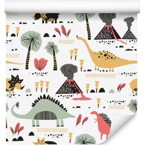 Carta da parati con dinosauri, vulcani e foglie per soggiorno e camera da letto, 50x1000 cm (1/5)