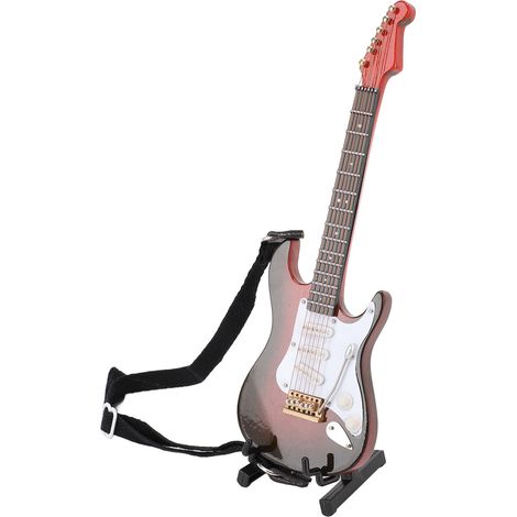 Mini guitare électrique avec support et étui. Instrument de musique miniature en bois, décoration pour bureau ou étagère. (1/5)
