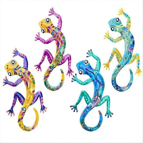 Décoration murale lézard en métal, gecko, 4 pièces, sculptures de jardin gecko colorées rampantes, pour la décoration intérieure et extérieure. (1/5)