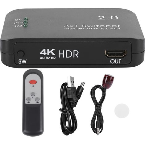 Commutateur HDMI 4K 3 Entrées 1 Sortie avec Télécommande IR et Indicateur LED - Adaptateur Splitter Haute Définition (1/5)
