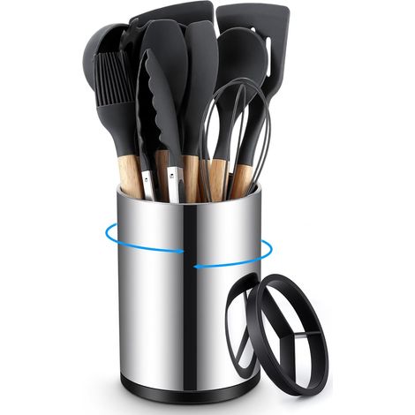 Kitchen Utensil Holder 3 Compartments Rotating Storage for Kitchen Utensils, Non-Slip Stainless Steel Cutlery Tray with Drainage Holes for Spoon, Fork, Knives (1/5)
