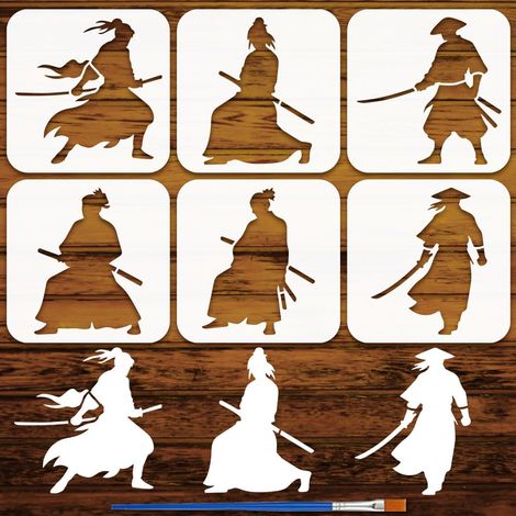 6 Styles Pochoirs Silhouette Samouraï Avec Un Pinceau 15x15cm Pochoirs Peinture Humaine Pochoir Motif Samouraï Gabarit Thèmes Orientaux pour Décor Bois Mur Tissu Meuble (1/5)