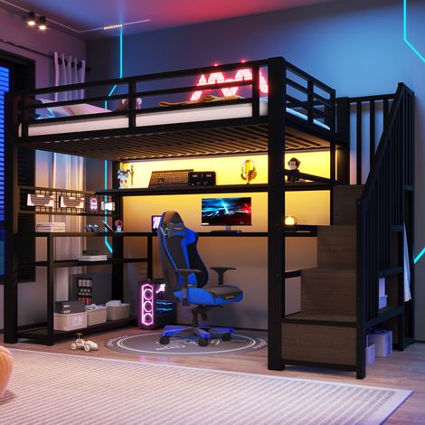 Letto a soppalco 90 x 200 cm con LED, scrivania, armadio e spazio contenitivo, nero OKMYHOME (1/5)