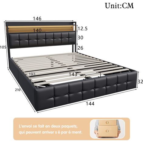 Lit 140x200 cm avec Sommier - avec LED et Charge USB - Lit coffre avec rangement hydraulique sous le lit - 2 Personnes - Noir - PU - Maison