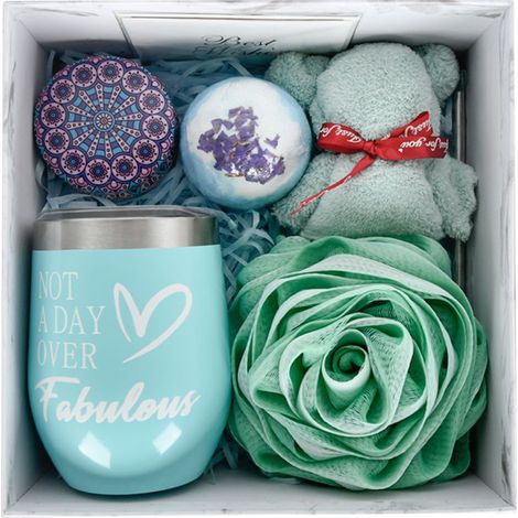 Ensemble de paniers-cadeaux spa de 12 oz avec verre à vin isolé en acier inoxydable, bougie parfumée en paille pour femme, mère, petite amie, bleu, vert (1/5)