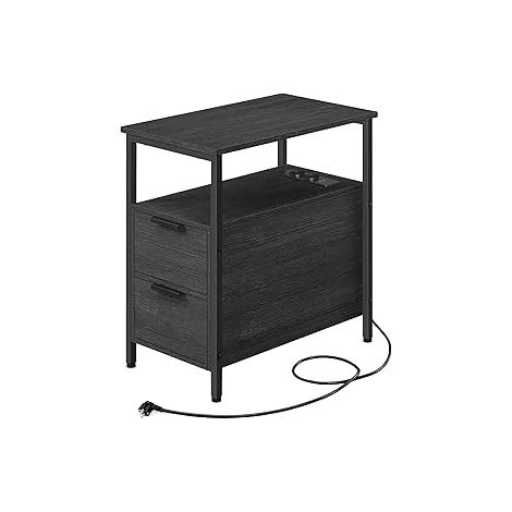 VASAGLE Table d’Appoint avec Multiprise, Petite Table Fine avec 2 Tiroirs, Table de Chevet avec Rangement, pour Salon, Chambre, Gris Anthracite et Noir Classique