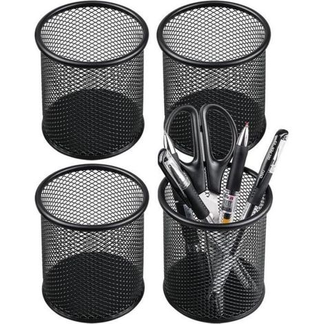 Porte-Crayon - Support Métallique pour Stylos et Crayons - Organiseur de Bureau - Lot de 4 - Noir - 9 x 10 cm (1/4)