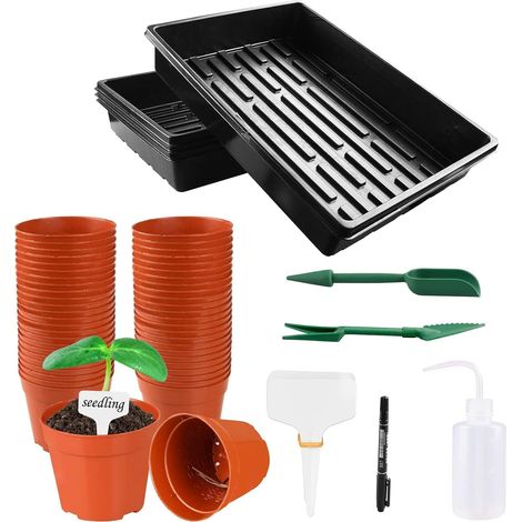 50 Pots de pépinière, 8 cm, plastique, trous drainage, 4 plateaux semis, PS, outils jardinage, intérieur extérieur (1/5)