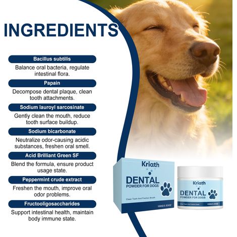Poudre dentaire spécifique pour chiens : désodorise, protège les gencives, élimine la plaque dentaire et le tartre, rafraîchit l’haleine – 100 g (1/5)