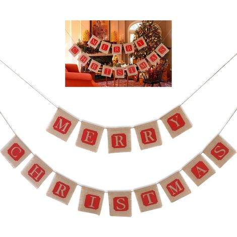 Guirnalda navideña, Estampado de Feliz Navidad, Lino, Rojo y Marrón, Decoración del hogar (1/5)