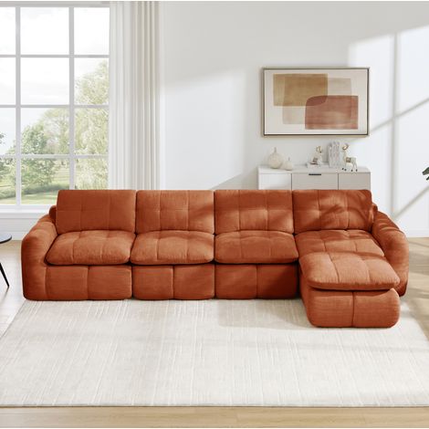 Sofá modular esquinero 334/160/68 cm naranja de chenilla con puf, 4 plazas (1/5)