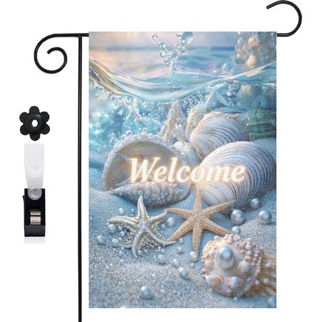 Drapeau de jardin bienvenue 30 x 45 cm motif coquillages marins et perles style plage toile double face (1/5)