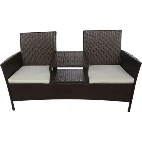 Banc de jardin 2 places résine tressée marron et coussins blanc Kim (1/4)