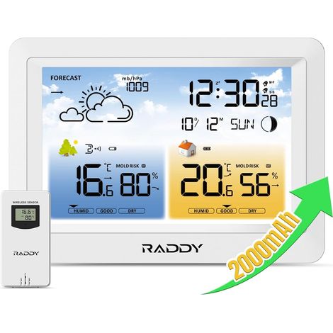 Station météo sans fil WM6 avec capteur à distance, batterie intégrée de 2000 mAh, baromètre, horloge DCF, prévisions météorologiques, alerte de risque de moisissure pour intérieur et extérieur (1/5)
