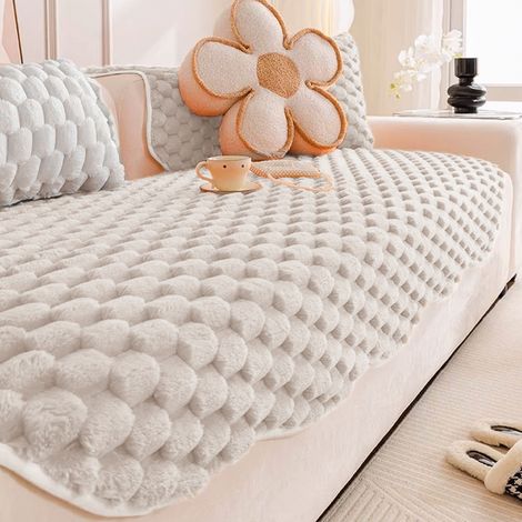 Beige Shaped Turtle Velvet Thickened Sofa Cushion Protector 240cm W x 90cm D