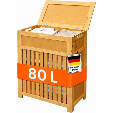 Relaxdays Wäschekorb, 80 Liter, Lamellen-Design, HBT: 62,5 x 50,5 x 28 cm, Wäschesammler mit Deckel, Bambus & MDF, natur (1/5)