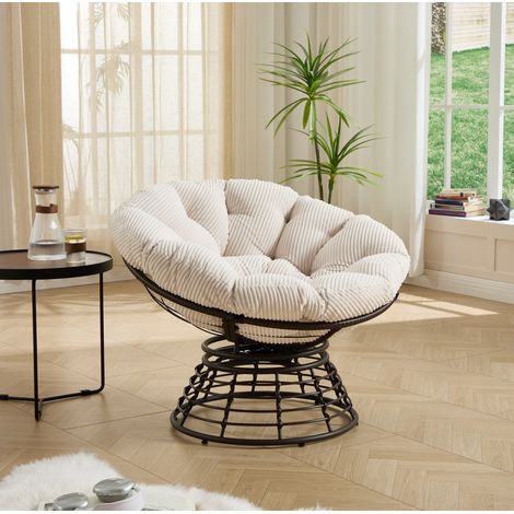 Sedia girevole 360° con cuscino imbottito in velluto a coste, struttura in acciaio e rattan PE, stile moderno, bianco (1/5)
