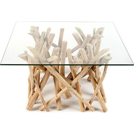 Tavolino basso WOODEN quadrato 80 cm – Tavolino design in legno di galleggiamento e vetro temperato