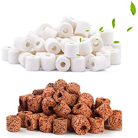 MIMOSON-Anneaux Bio en céramique de Filtration pour Tous Les Types d'aquariums et bassins Stabiliser Le pH de l'eau(Blanc 500g + Rouge 500g) (1/5)
