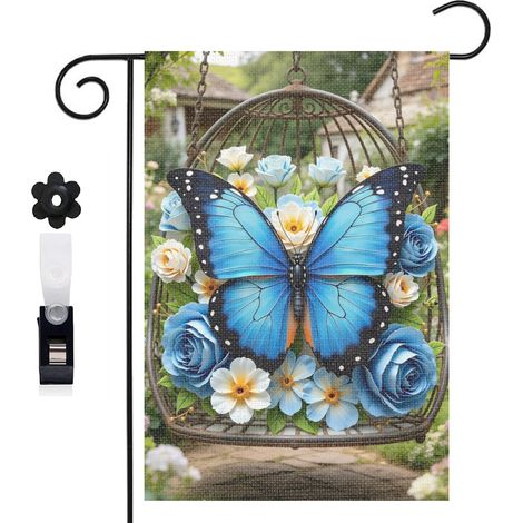 Drapeau vertical fleurs blanches et papillon bleu 30 x 45 cm décoration saisonnière cour (1/5)